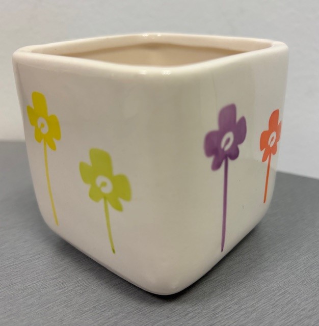 3" SQ White w/Flowers Ceramic Pot / Aardewerk pot per stuk