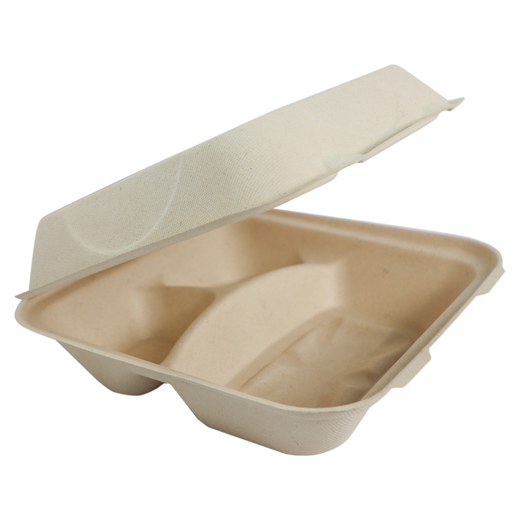 Hinged tray 9x9x3" Molded Fiber bagasse 3-comp 100% Compostable container  World Centric (300pcs/cs)