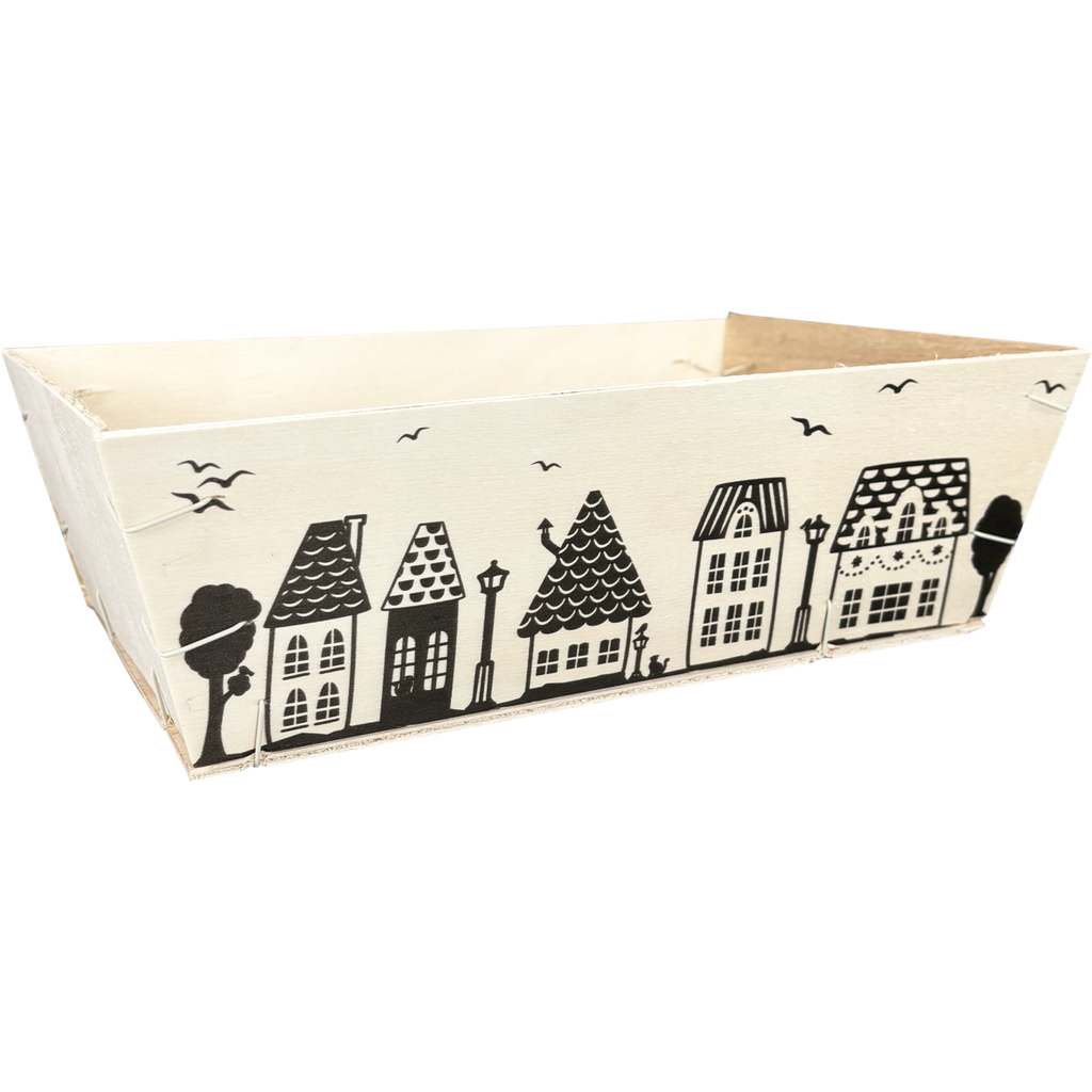 Mand vierkant hout huisjes 29x19x9cm (per stuk)