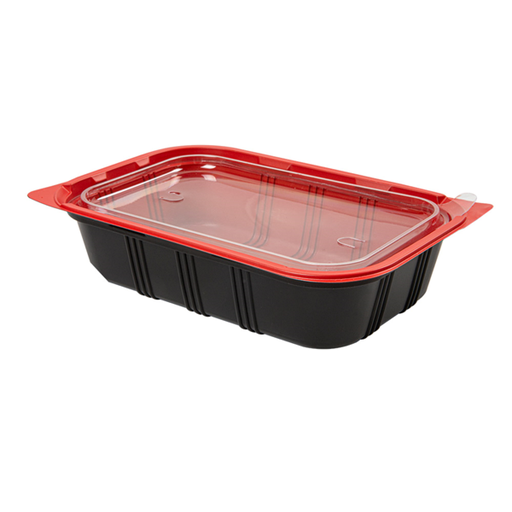 [145.22] Menuschaal 1-comp. (Microwaveable meal container) 21,5x14,5x5cm Black/Red OPS + Lid (50pcs/cs)
