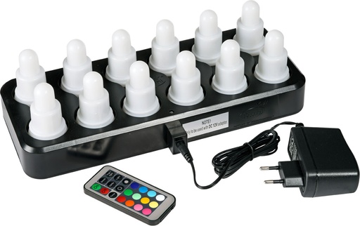 [171486] Candles LED 70x40mm Multi Colour (Incl. 1x Charging Base, 1x Adapter & 1x Remote Dim Control) / 12 stuks / charging time 8h, burning time 12h
