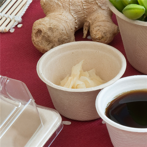 Suikerriet/Bagasse portion cup sausbakje 60ml (2 oz)  Bruin sluitbaar (50st/pak)