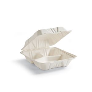 Hinged tray 8X8" Molded fibre Bagasse Huhtamaki 3-comp (200pcs/case)