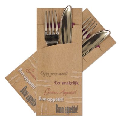 POCHETTO CUTLERY SLEEVE >Kraft 5 Languages< 200x85mm with 33x33cm,2-ply Burgundy napkin 520 pcs/cs