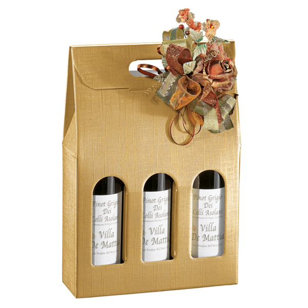 3-fles wijndoos met venster "El Dorado" 27x9x34cm Goud (Per stuk)