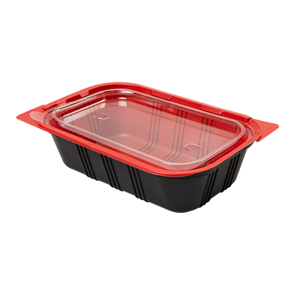 Menuschaal 1-comp. (Microwaveable meal container) 19,2x12,7x5cm Black/Red OPS + Lid (50pcs/cs)