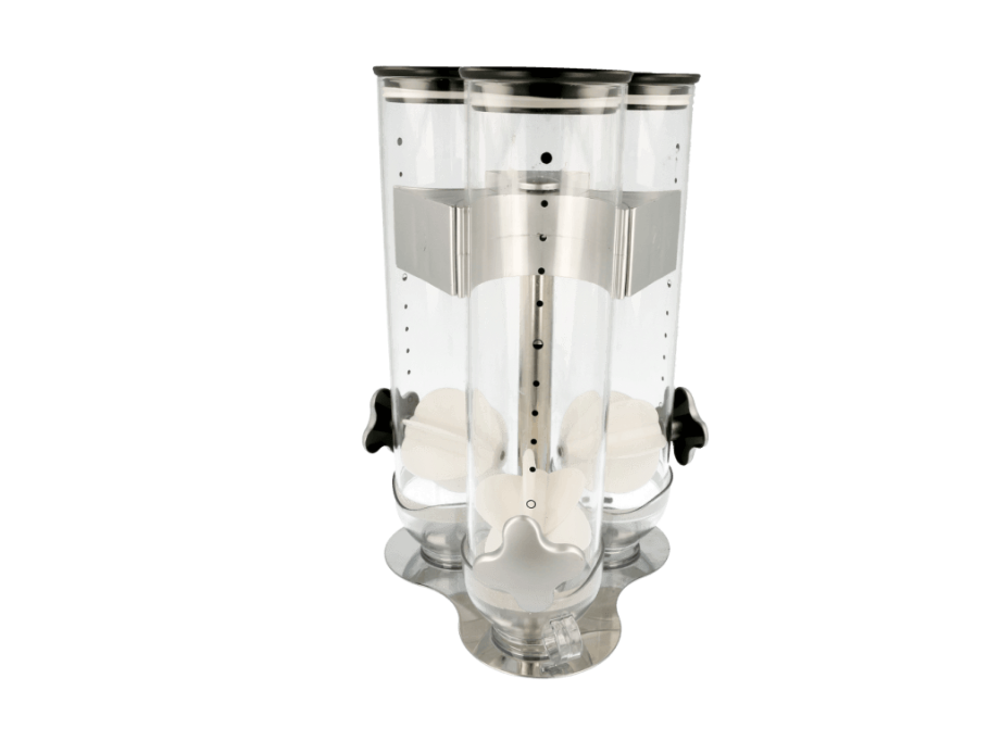 Cereal Dispenser Triple 20x20x45cm Clear Acrylic & Steel base. (Per stuk)