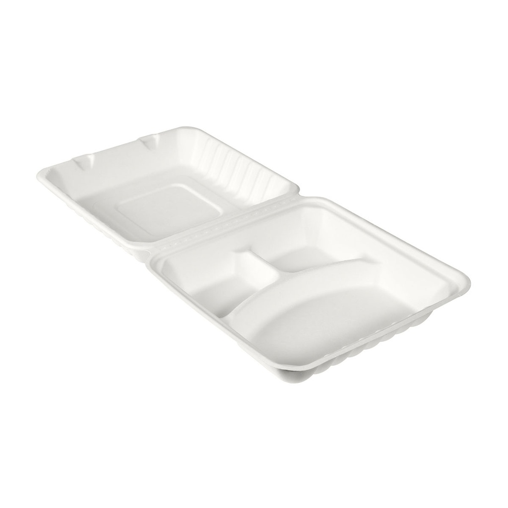 Hinged Tray 9x9x3" Molded Fibre Bagasse 3-comp Duni / White (100st/doos)
