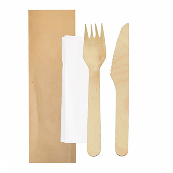 Set cutlery Bestek Fork/Knife/Napkin Brown Kraft "Makan" 16cm Natural Wood (100st/pak)