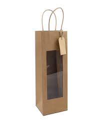 Papieren wijnflestas met venster (kraft) / 98x90x380mm (Per stuk)