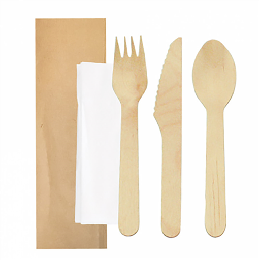 [250.61] Set cutlery Bestek Fork/Knife/Spoon/Napkin Brown Kraft "Makan" 16cm Natural Wood (100st/pak)