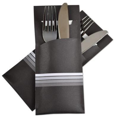 [POCH-100211] POCHETTO CUTLERY SLEEVE >Stripe White< 200x85mm with 33x33cm,2-ply  white napkin 130st/pak