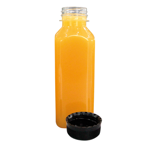 [210.76] PET fles Vierkant (5,2x5,2x18cm) Transparant 400ml incl. zwarte dop (182st/doos)