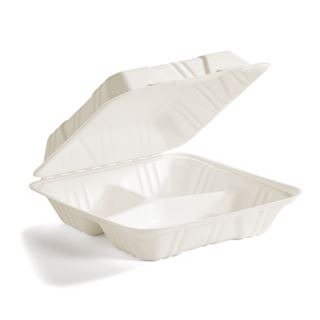 [HC8CSC2050] 8x8" Bagasse Hinged Tray 3-comp. (300pcs/cs)