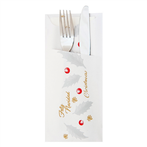 [188.371] Cutlery Sachet + White Napkin "Noel" 33x40cm White Cellulose (50st/pak)