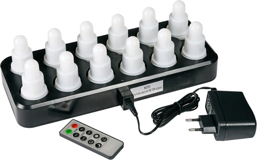 [165735] Candles LED 70x40mm Warm White (Incl. 1x Charging Base, 1x Adapter & 1x Remote Dim Control) / 12 stuks / charging time 8h, burning time 12h