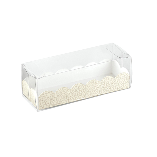 [198.12] Clear plastic container for macarons / baking case with cardboard base 16x5x5cm (per stuk)